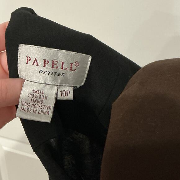 Adrianna Papell Petites Black Tan Polka Dot 100% Silk Y2K Midi Dress Size 10P - Picture 2 of 9